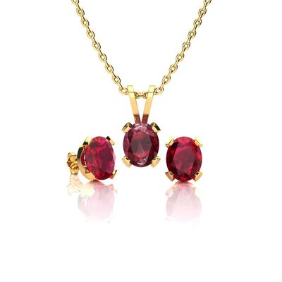 Oval-Cut Ruby Necklace & Earring Jewelry Set in 14k Yellow Gold Plated Sterling Silver