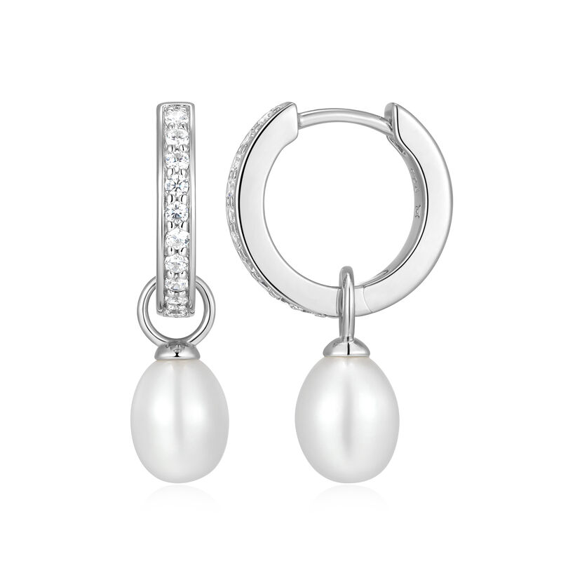 White Shell Pearl & Lab Grown Diamond Hoop Earrings in Sterling Silver image number null