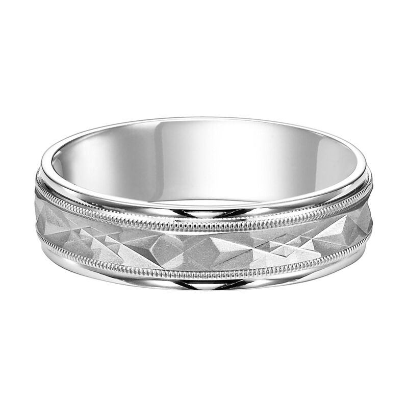 Men's CrissCross Patterened Wedding Band with High Polished Edges and Milgrain Detail in 14k White image number null