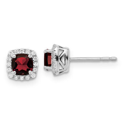 Cushion-Cut Garnet & Diamond Halo Stud Earrings in Sterling Silver