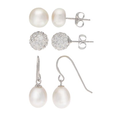 Three-Piece Pearl & Crystal Earring Set in Sterling Silver