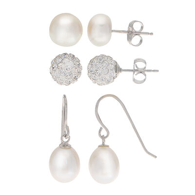 Three-Piece Pearl & Crystal Earring Set in Sterling Silver