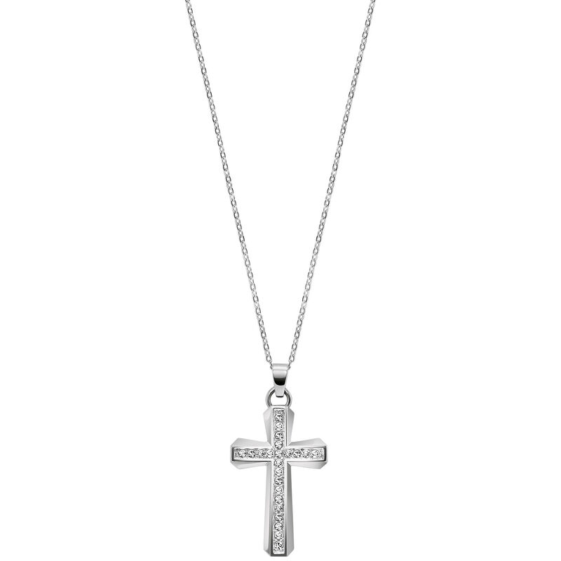 Bulova Ladies Stainless Steel White Mother of Pearl Dial with Crystal Markers Bezel Bracelet 28.5mm & Cross Pendant Crystal Watch Set 96X163 image number null