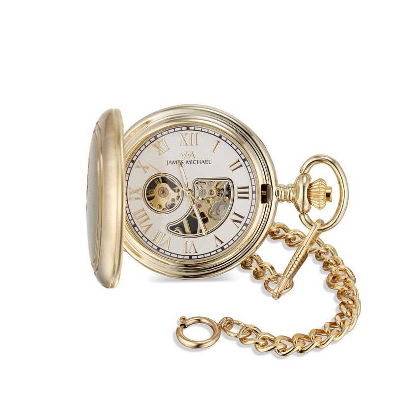 Burshed Goldtone Skeleton Dial Pocketwatch in Stainless Steel  image number null