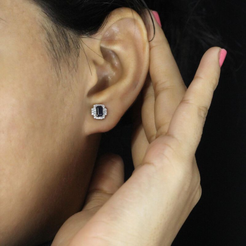 Emerald-Cut Sapphire & Diamond Halo Stud Earrings in 10k White Gold image number null