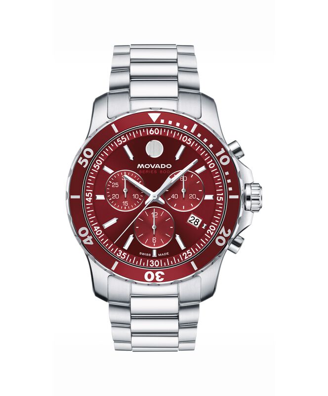 Movado Men's Series 800 Chronograph Deep Red Sunray Dial White Stainless Steel 42mm Watch 2600194 image number null