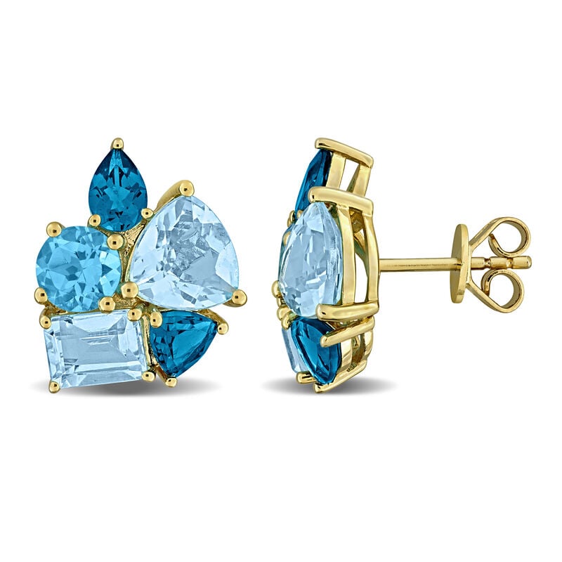 Sky Blue Topaz, London Blue Topaz & Swiss Blue Topaz Cluster Stud Earrings in Gold Plated image number null
