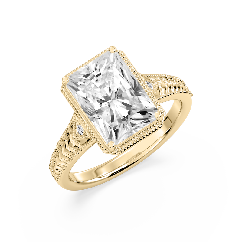 Radiant Lab Grown Diamond 4ctw. Vintage Milgrain Engagement Ring in 14k Yellow Gold image number null