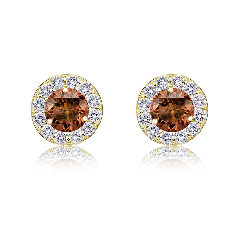 Champagne & White 1/2ct. Diamond Halo Stud Earrings in 14k Yellow Gold image number null