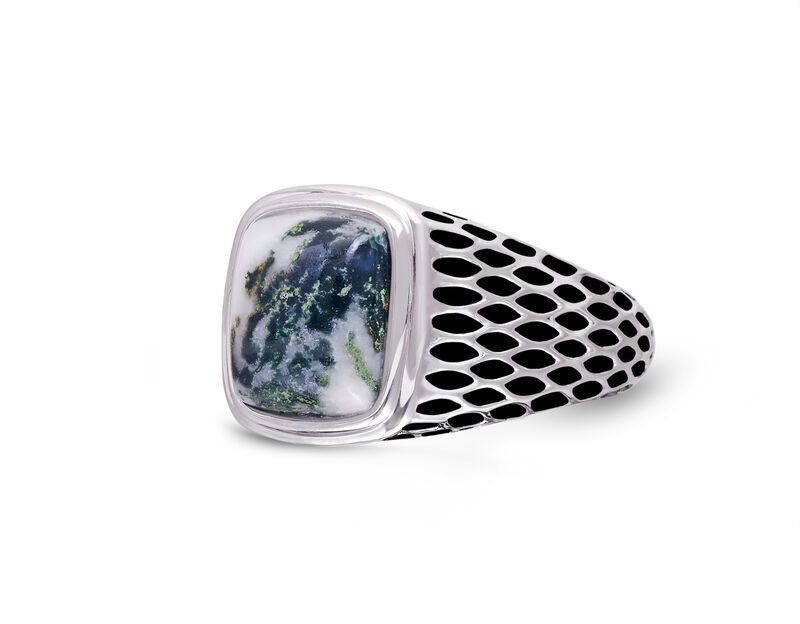 Tree Agate Stone Ring in Sterling Silver & Black Rhodium image number null