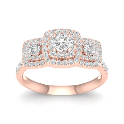 Diamond 1ctw. Three-Stone Halo Engagement Ring in 14k Rose Gold