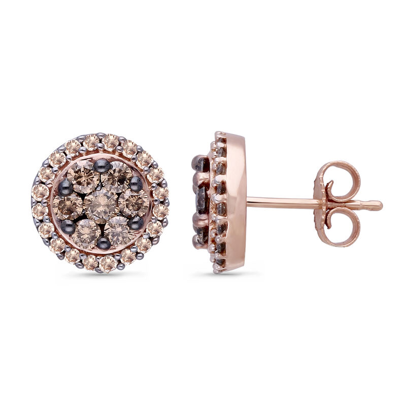Champagne & White 1 ctw Diamond Cluster Halo Stud Earrings in 14K Rose Gold image number null