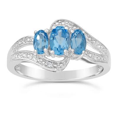 Triple Oval Natural Blue Topaz and White Topaz Ring in Sterling Silver