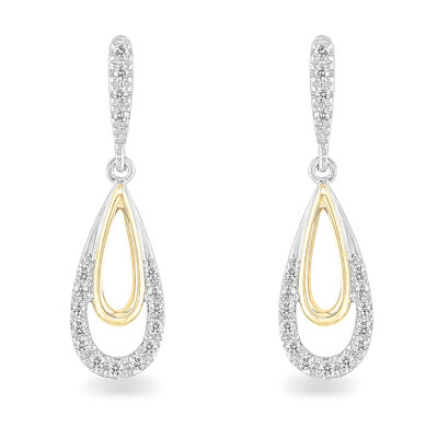 Diamond Double Loop Dangle Earrings in 10k White & Yellow Gold