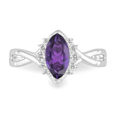 JK Crown Marquise Amethyst & Diamond Ring in 10k White Gold