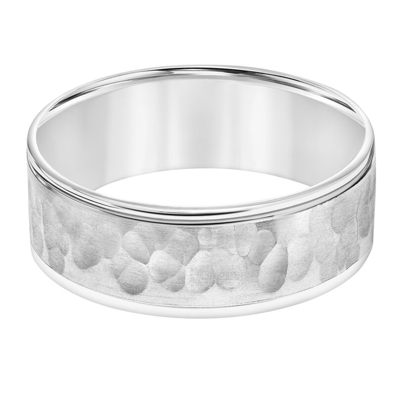 Hammered Textured Men's Band with High Polished, Rolled Edge Detail in 14k White image number null