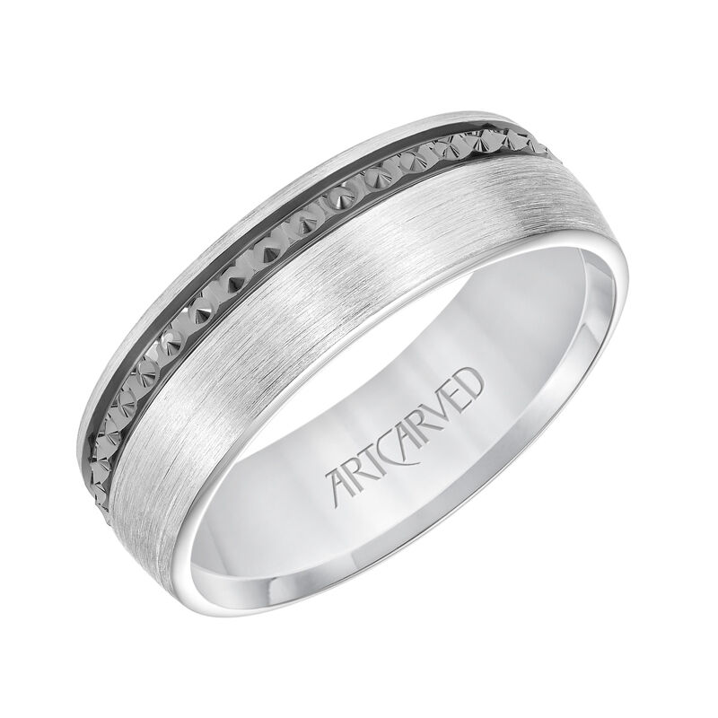 Men's Wedding Band with Off Center Black Rhodium in 14k White image number null