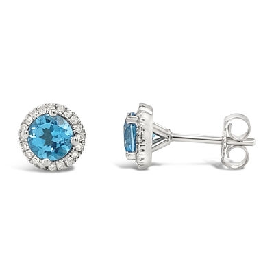 Blue Topaz & Diamond Halo Stud Earrings in 10k White Gold