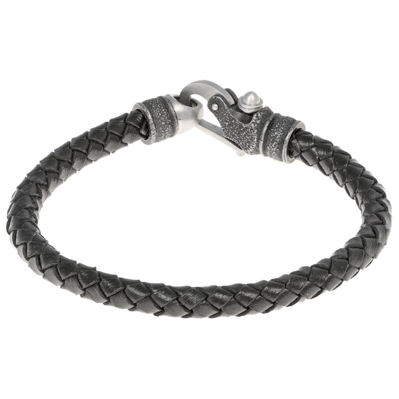 Men's Stainless Steel Clasp Double Black Braid Leather Bracelet image number null
