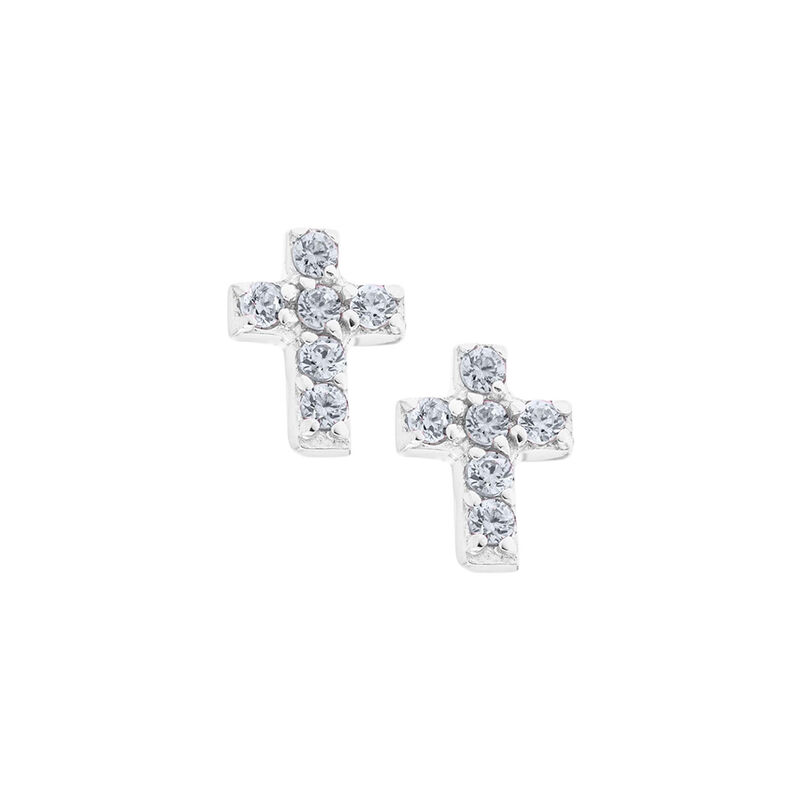 Cubic Zirconia Crystal Cross Toddler Girls Earrings with Safety Screw Back in Sterling Silver image number null