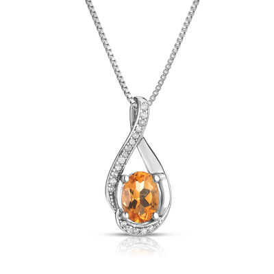 Oval-Cut Citrine & Diamond Swirl Pendant in Sterling Silver