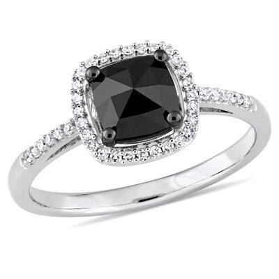 Cushion-Cut 1ctw Black Diamond Halo Engagement Ring in 14k White Gold