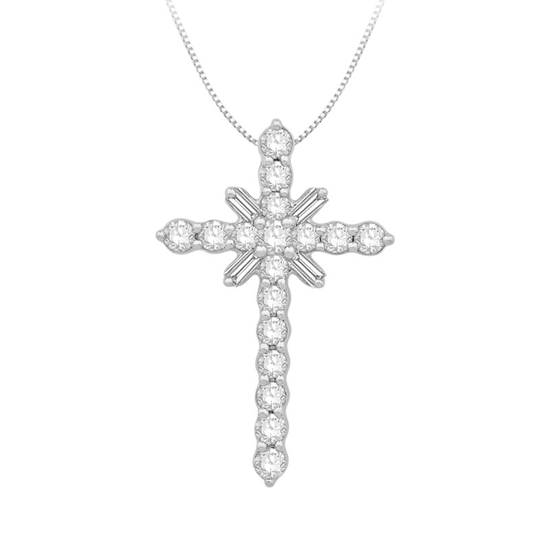 Diamond Round & Baguette Cross Pendant in 10k White Gold image number null