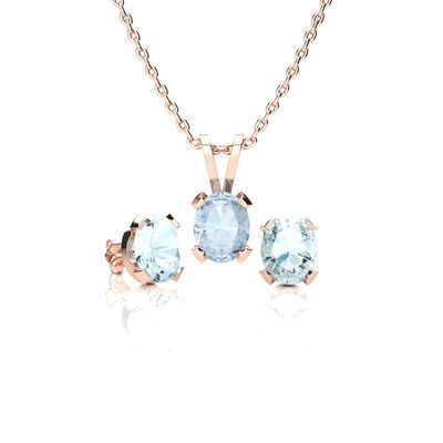 Oval-Cut Aquamarine Necklace & Earring Jewelry Set in 14k Rose Gold Plated Sterling Silver