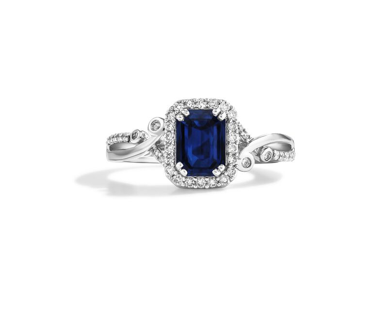 Emerald-Cut Sapphire & Diamond Twist Halo Ring in 14k White Gold image number null