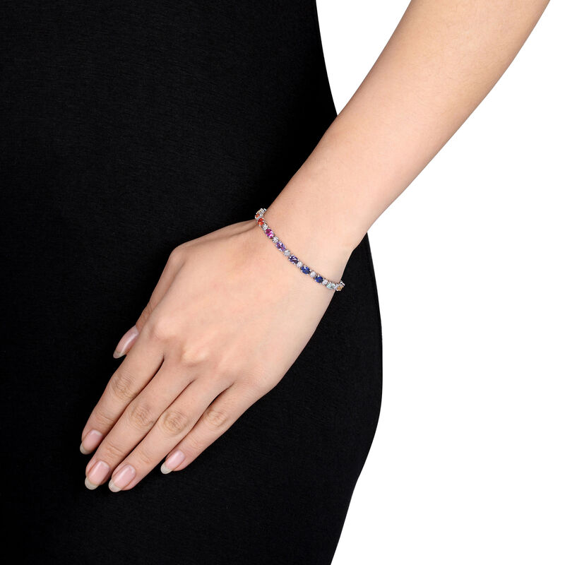 Rainbow Created Sapphire & Diamond Oval Bracelet in Sterling Silver  image number null