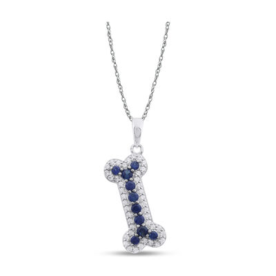 Created Blue & White Sapphire Dog Bone Pendant in Sterling Silver