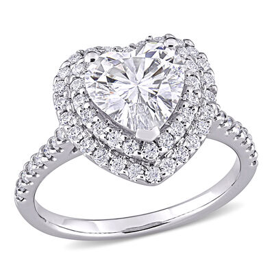 Created Moissanite Double Heart Halo Engagement Ring in 10k White Gold