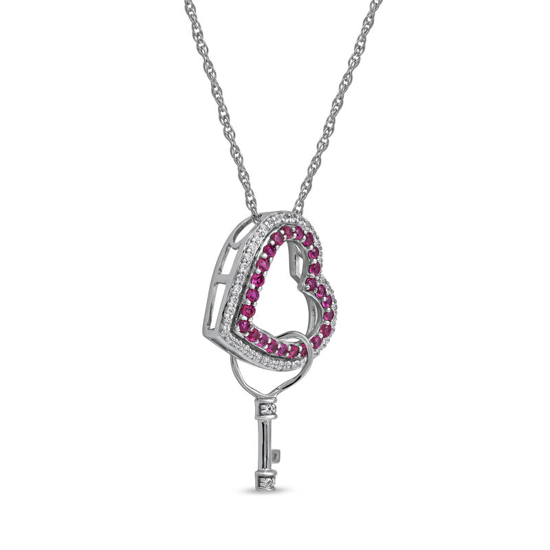 Created Ruby & Created White Sapphire Heart & Key Pendant in Sterling Silver image number null