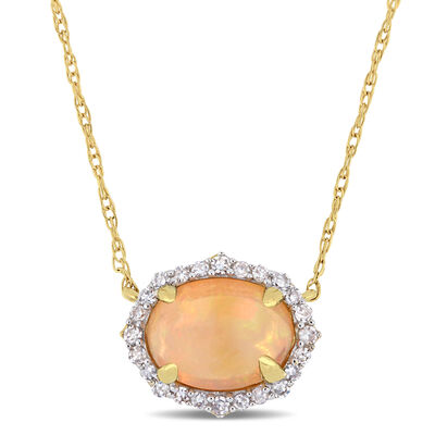 Ethiopian Opal & Diamond Halo Necklace in 10k Yellow Gold