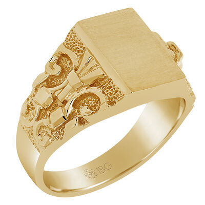 Satin Top and polished Cut Scroll Signet Ring 13x9mm in 10k Yellow Gold 
