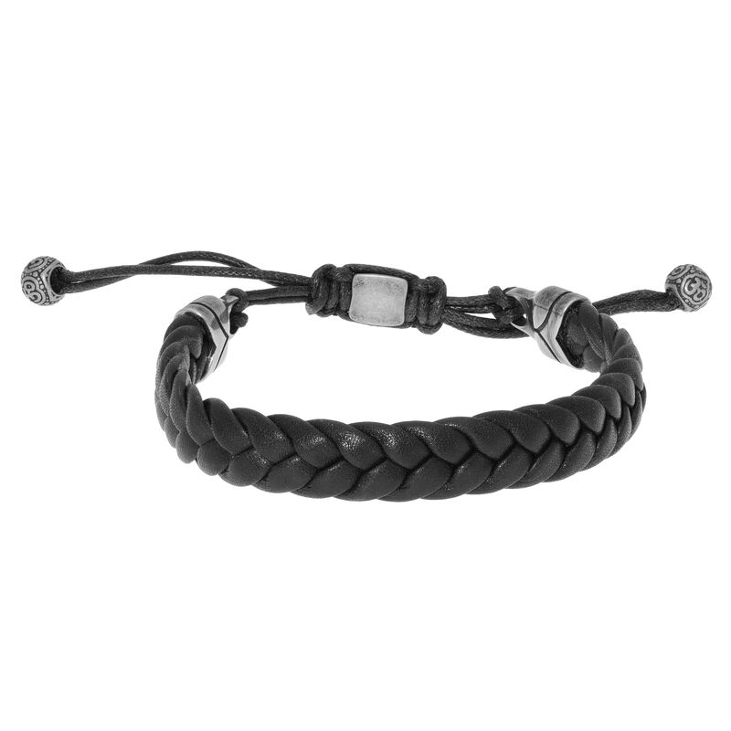Men's 11mm Braided Black Leather Drawstring Bracelet in Stainless Steel  image number null