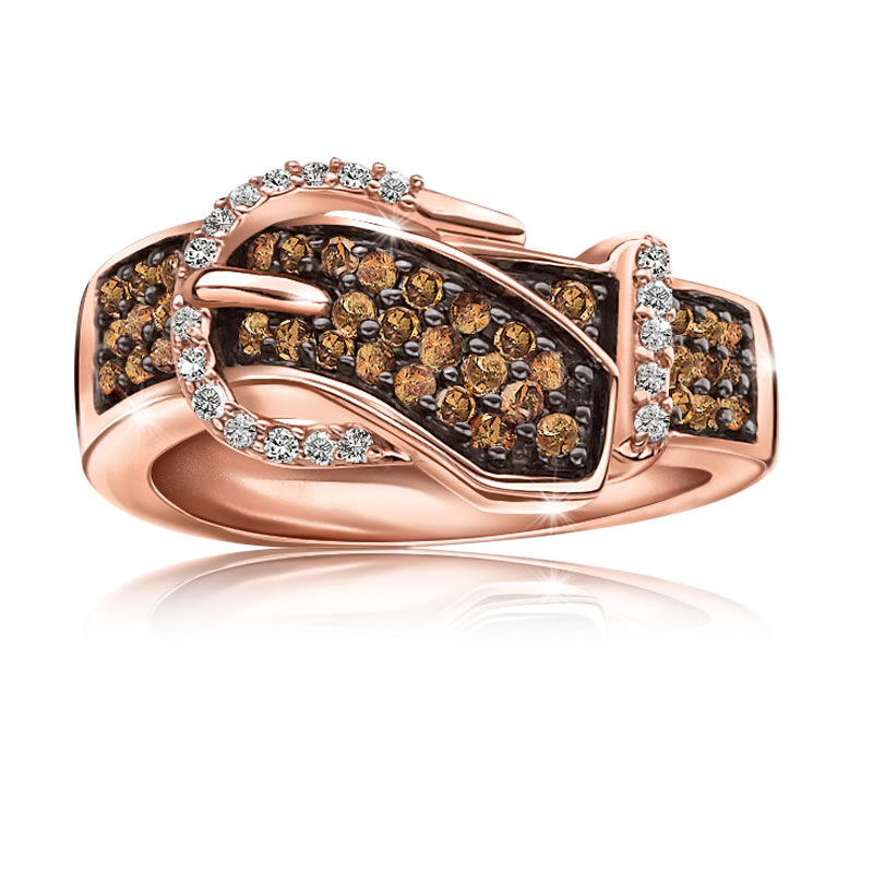 Genuine ½ ct. Champagne & White Diamond Buckle Ring in 10k Rose Gold image number null