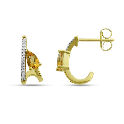 Pear-Shaped Citrine & Diamond Huggie Earrings in 10k Yellow Gold