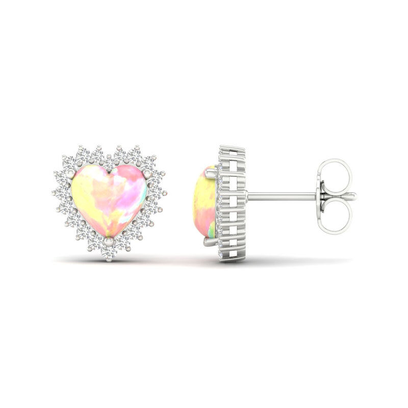 Created Opal & White Sapphire Heart Halo Earrings in Sterling Silver image number null