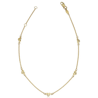 Diamond Cut Heart Station Anklet in 10k Yellow Gold