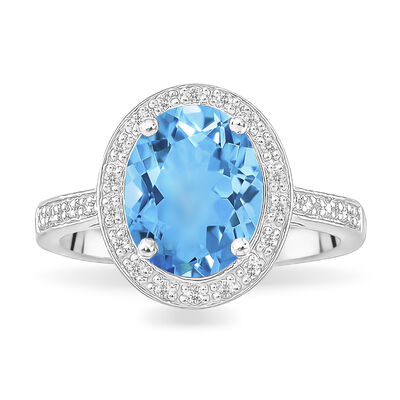 Oval Blue Topaz & Diamond Halo Ring in 10k White Gold