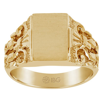 Satin Top and polished Cut Scroll Signet Ring 13x9mm in 14k Yellow Gold