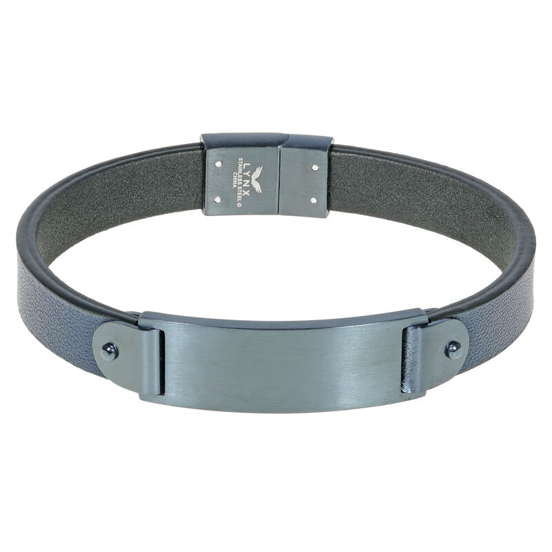 Men's 13mm Blue Leather Bracelet in Gray Plated Stainless Steel image number null