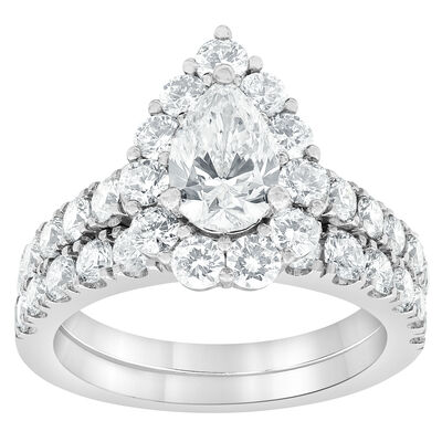 Paige. Lab Grown Pear-Shaped 1ctw. Halo Bridal Set in 14k White Gold