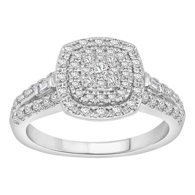Diamond Cushion Double Halo Composite Engagement Ring in 10k White Gold