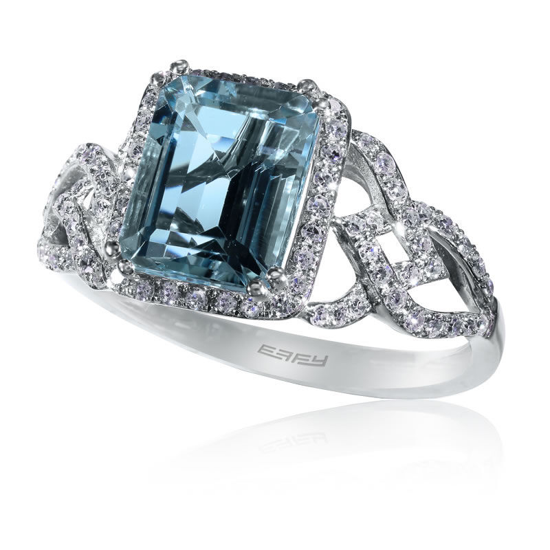 EFFY Emerald-Cut Aquamarine & Diamond Cocktail Ring in 14K White Gold image number null