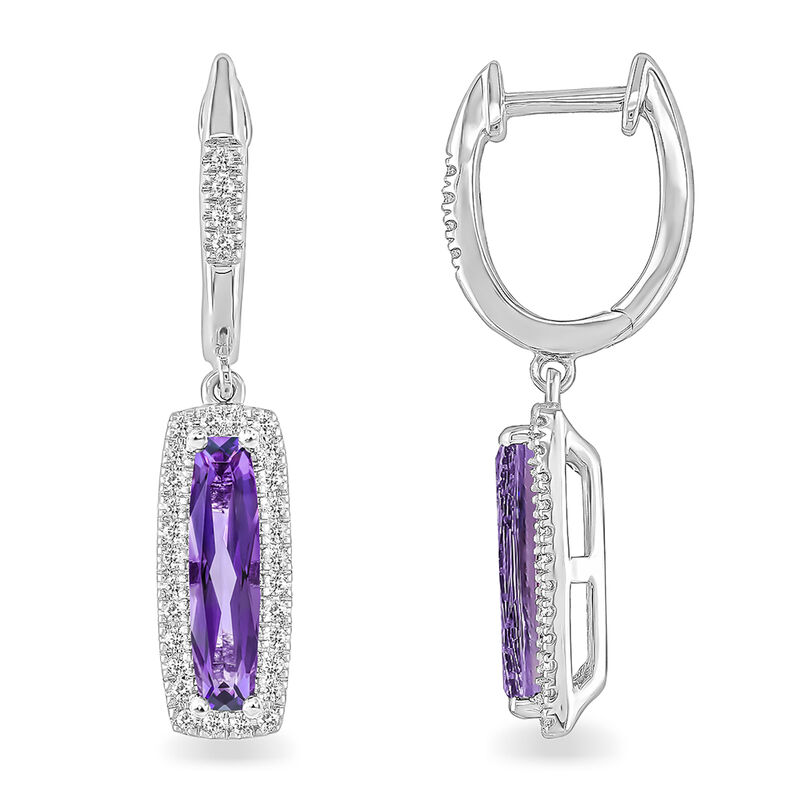 Elongated Cushion-Cut Amethyst & Dia Dangle Earrings in 10k White Gold image number null