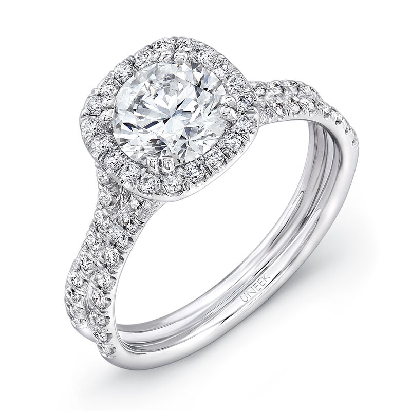 Uneek Diamond Cushion-Shaped Halo & Pave Double Shank Semi-Mount in 14K White Gold image number null