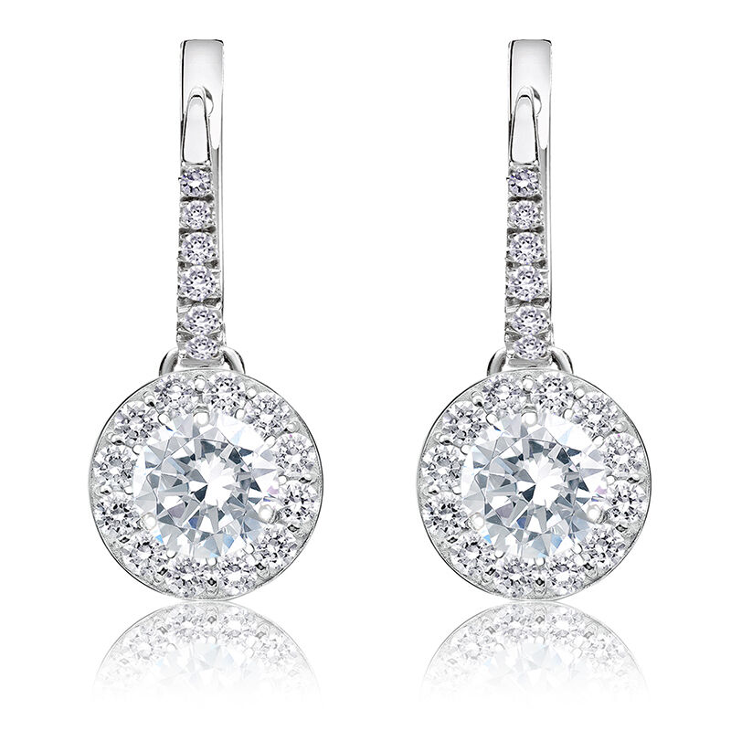 Drop 1 1/2ct. Diamond Halo Earrings in 14k White Gold image number null