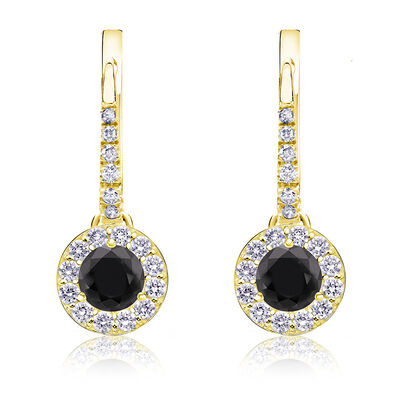 Black Diamond Halo 3/4ct. Drop Earrings in 14k Yellow Gold
